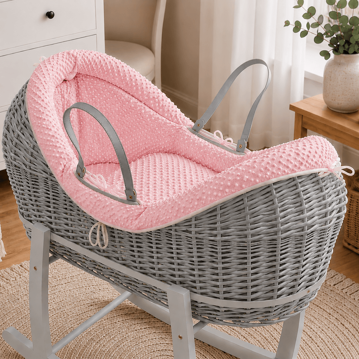 Wicker Deluxe Pod Baby Moses Basket With Stand - Grey / Dimple / Pink - Pod Moses Basket