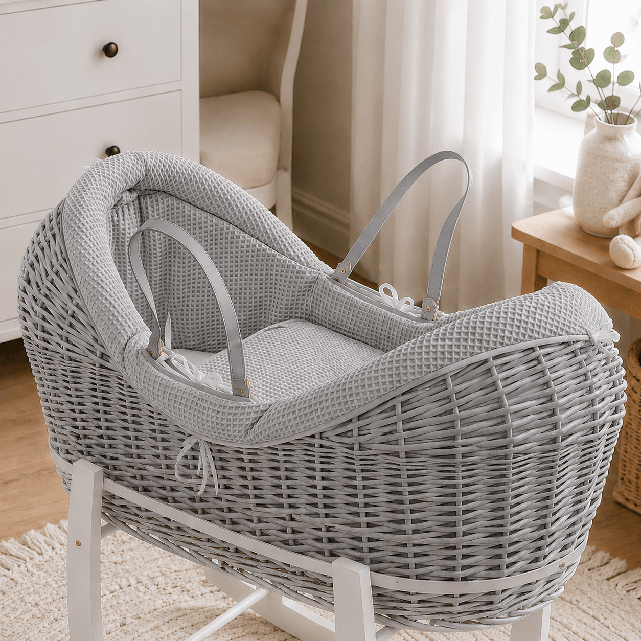 Wicker Deluxe Pod Baby Moses Basket With Stand - Grey / Waffle / Grey - Pod Moses Basket