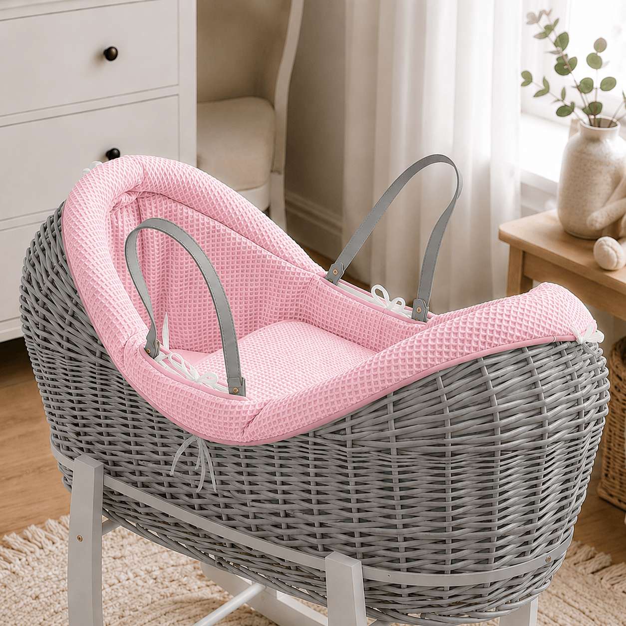 Wicker Deluxe Pod Baby Moses Basket With Stand - Grey / Waffle / Pink - Pod Moses Basket