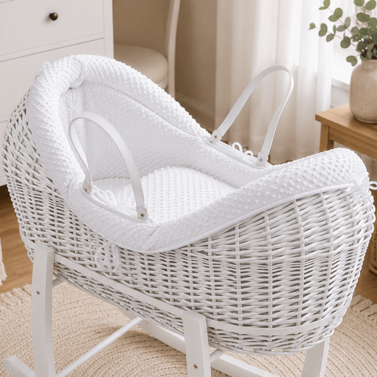 Wicker Deluxe Pod Baby Moses Basket With Stand - White / Dimple / White - Pod Moses Basket