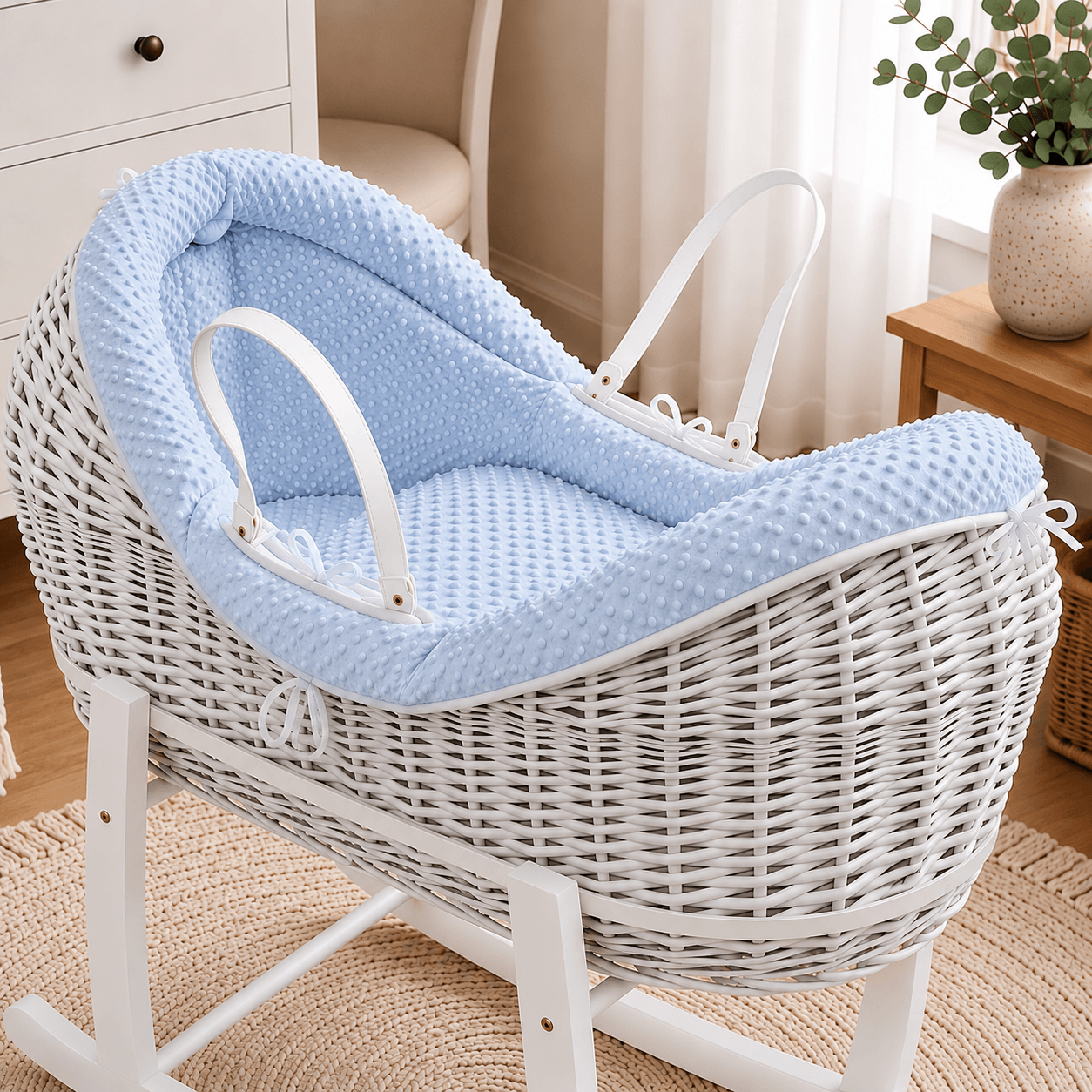 Wicker Deluxe Pod Baby Moses Basket With Stand - White / Dimple / Blue - Pod Moses Basket