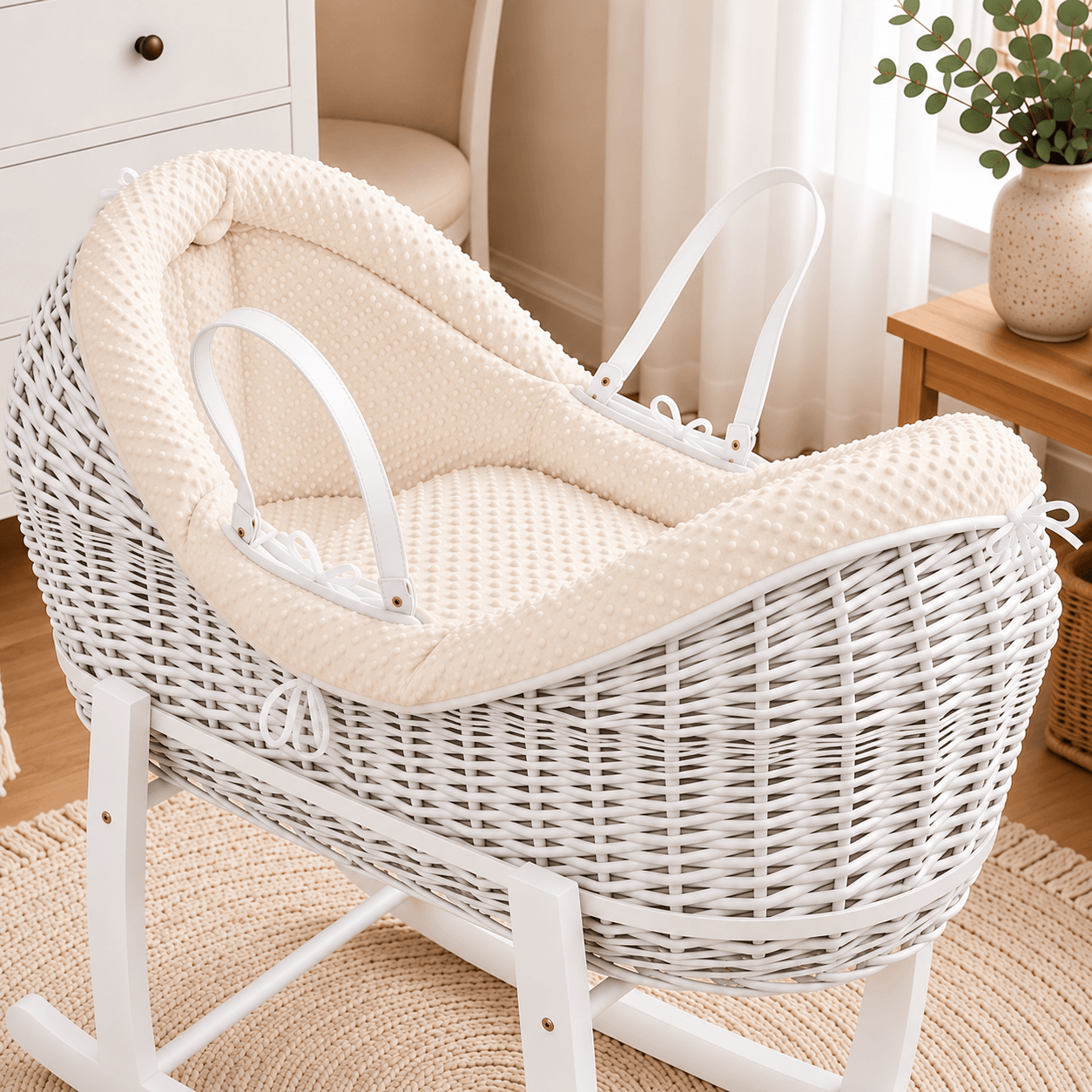 Wicker Deluxe Pod Baby Moses Basket With Stand - White / Dimple / Cream - Pod Moses Basket