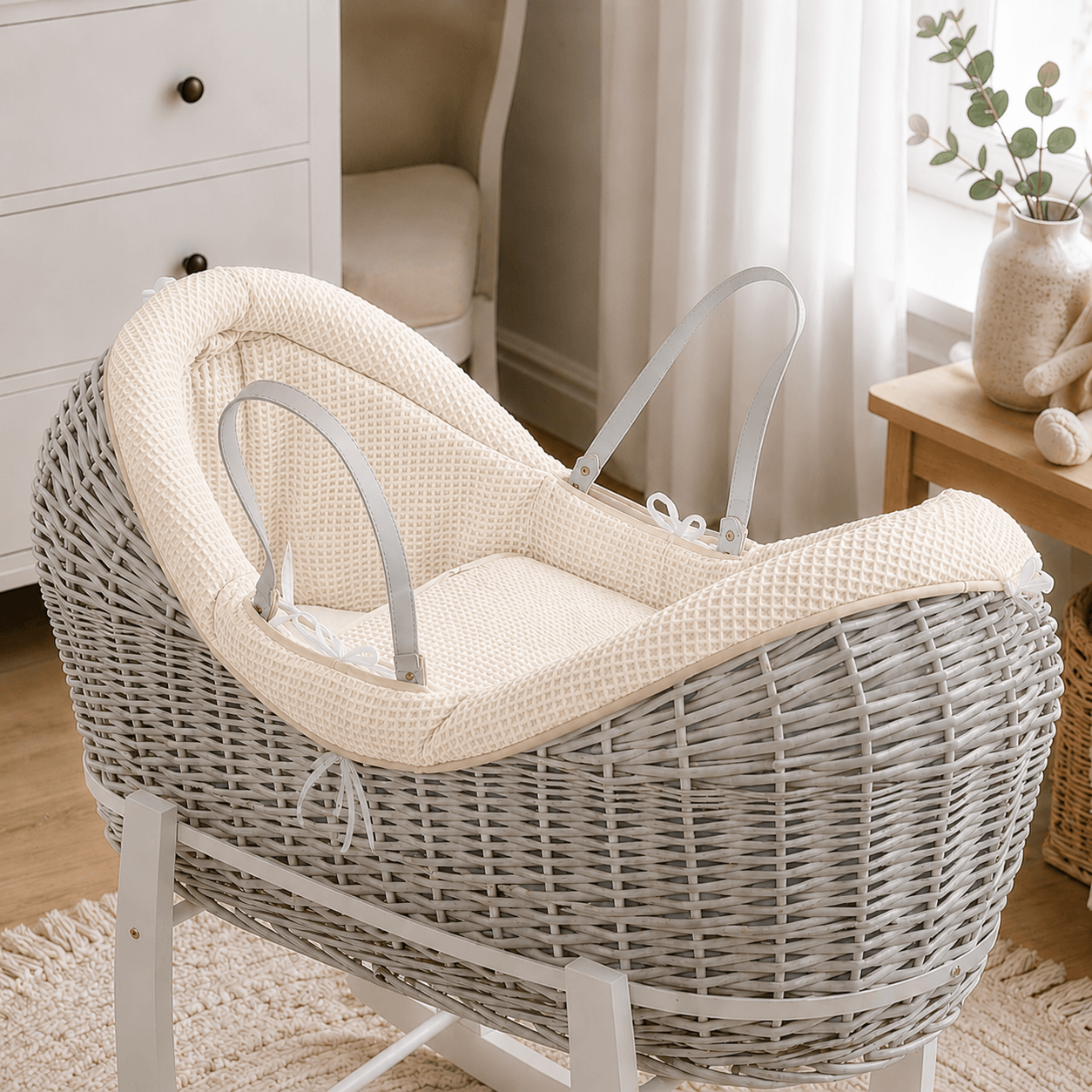 Wicker Deluxe Pod Baby Moses Basket With Stand - White / Waffle / Cream - Pod Moses Basket