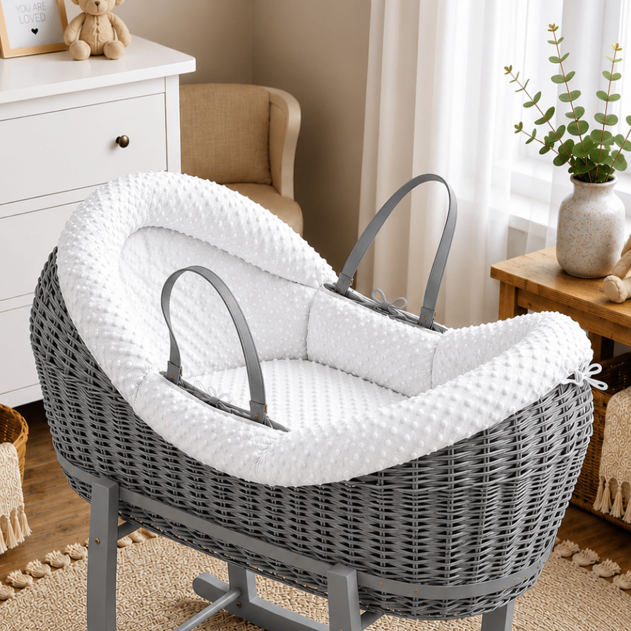 Wicker Pod Baby Deluxe Moses Basket-No stand included - Grey / Dimple / White - Pod Moses Basket