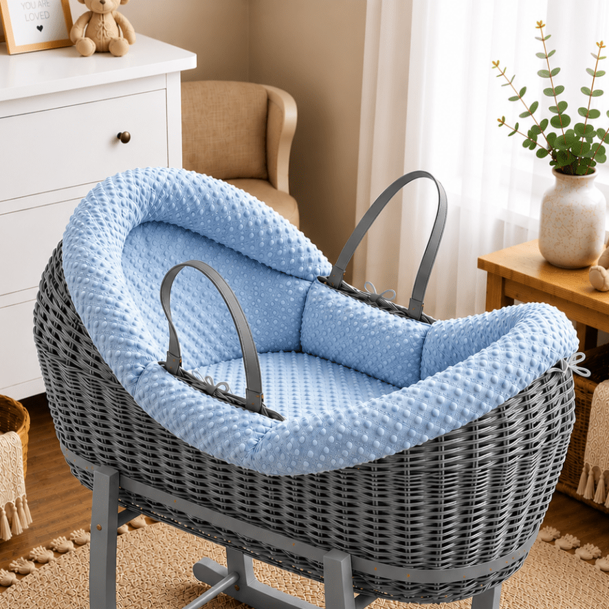 Wicker Pod Baby Deluxe Moses Basket-No stand included - Grey / Dimple / Blue - Pod Moses Basket