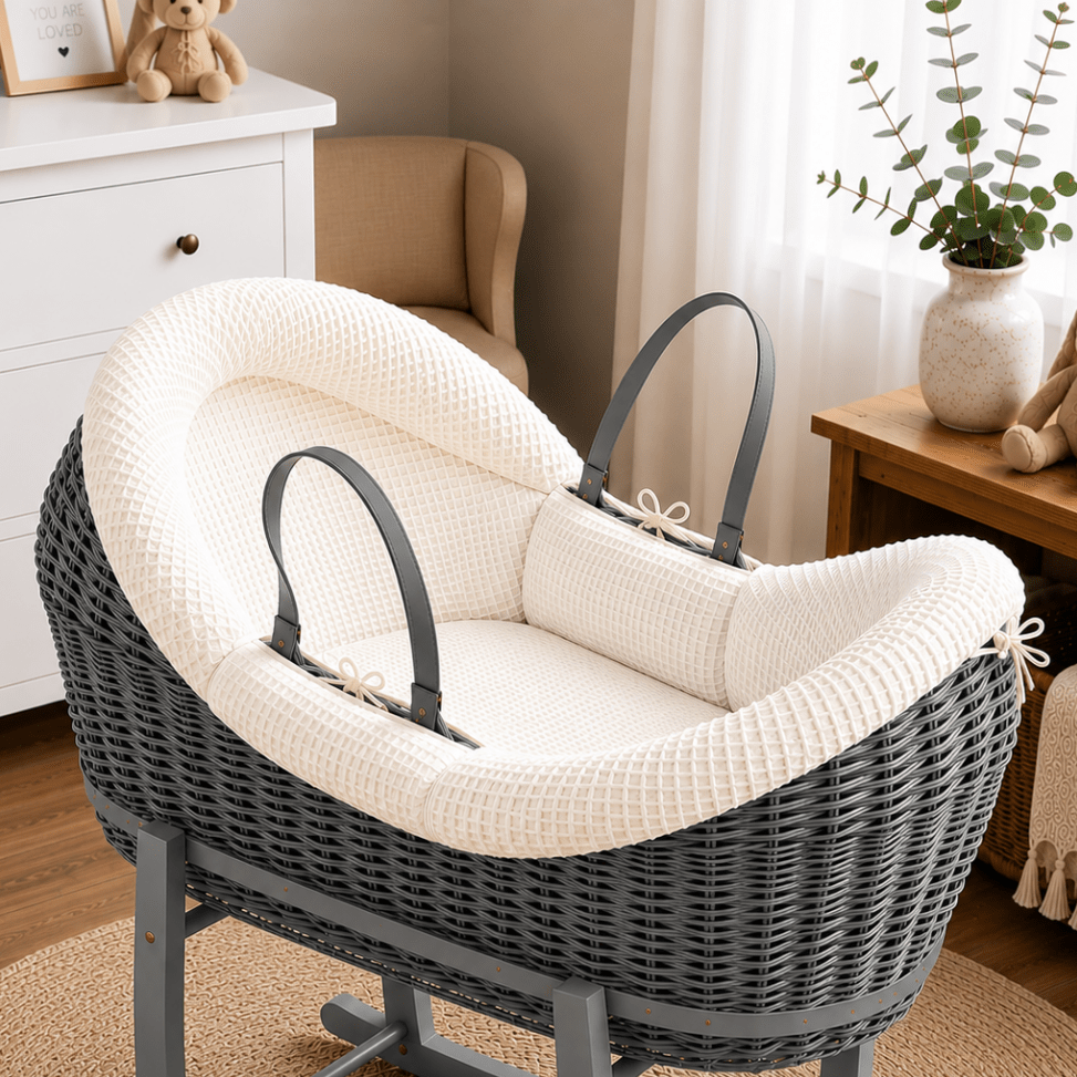 Wicker Pod Baby Deluxe Moses Basket-No stand included - Grey / Waffle / Cream - Pod Moses Basket