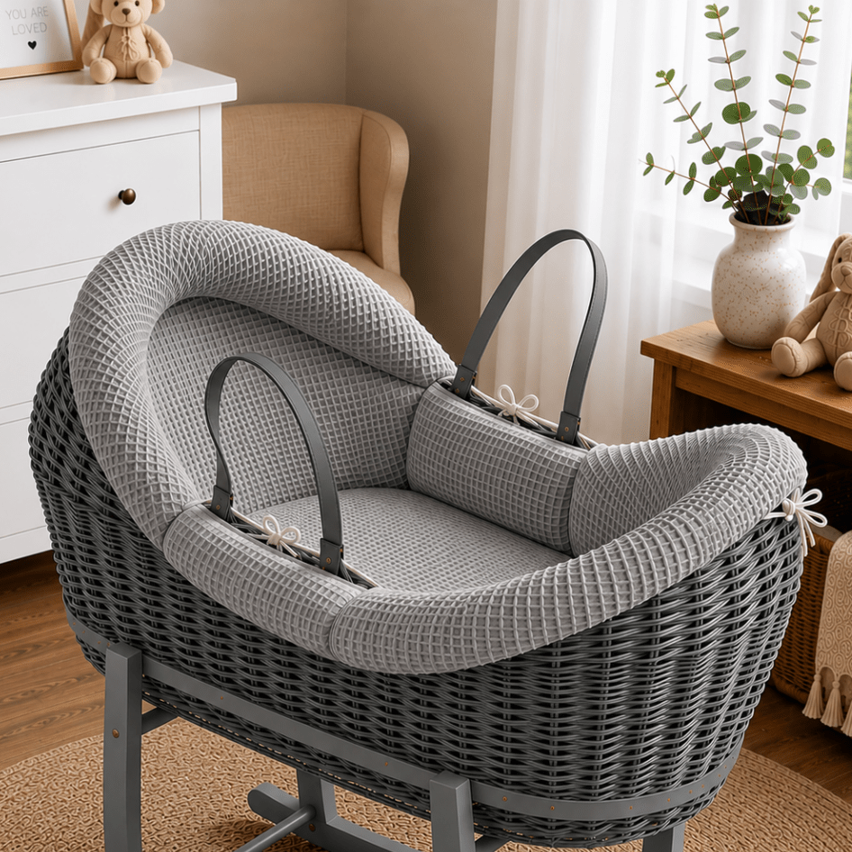 Wicker Pod Baby Deluxe Moses Basket-No stand included - Grey / Waffle / Grey - Pod Moses Basket