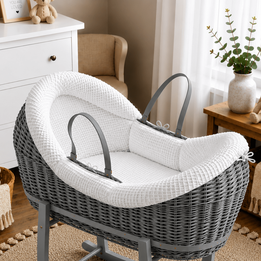 Wicker Pod Baby Deluxe Moses Basket-No stand included - Grey / Waffle / White - Pod Moses Basket