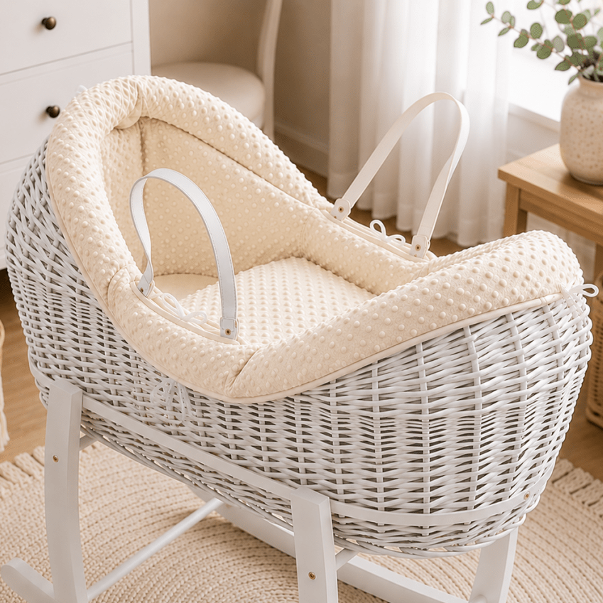 Wicker Pod Baby Deluxe Moses Basket-No stand included - White / Dimple / Cream - Pod Moses Basket