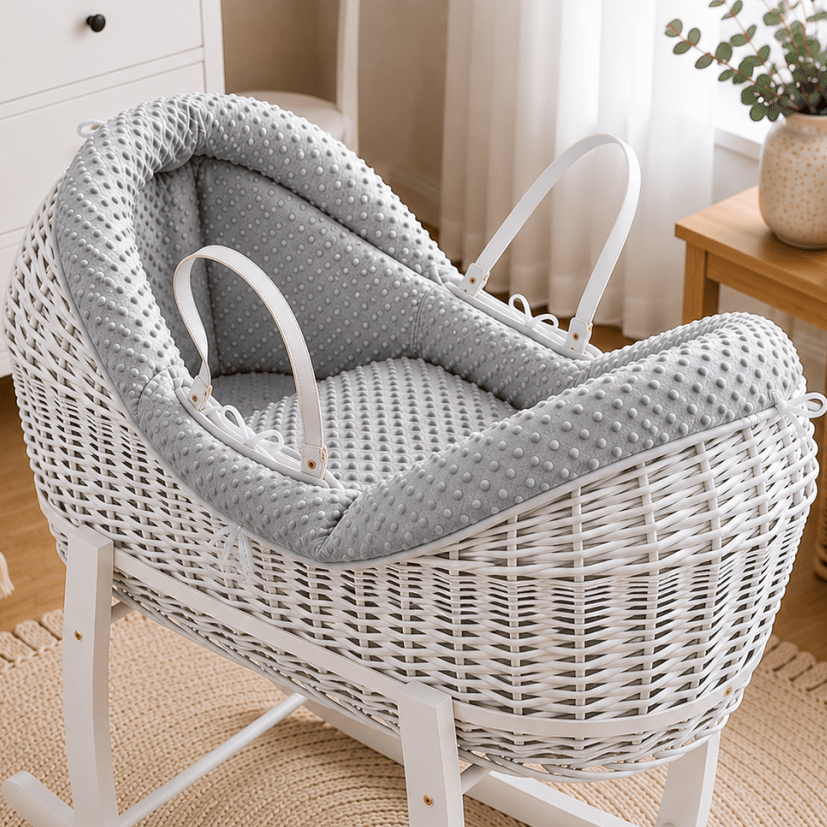 Wicker Pod Baby Deluxe Moses Basket-No stand included - White / Dimple / Grey - Pod Moses Basket