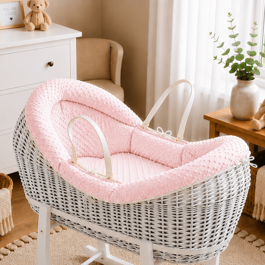 Wicker Pod Baby Deluxe Moses Basket-No stand included - White / Dimple / Pink - Pod Moses Basket
