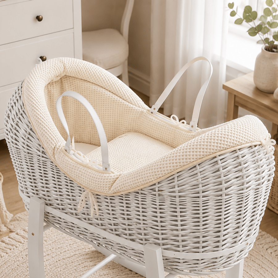 Wicker Pod Baby Deluxe Moses Basket-No stand included - White / Waffle / Cream - Pod Moses Basket