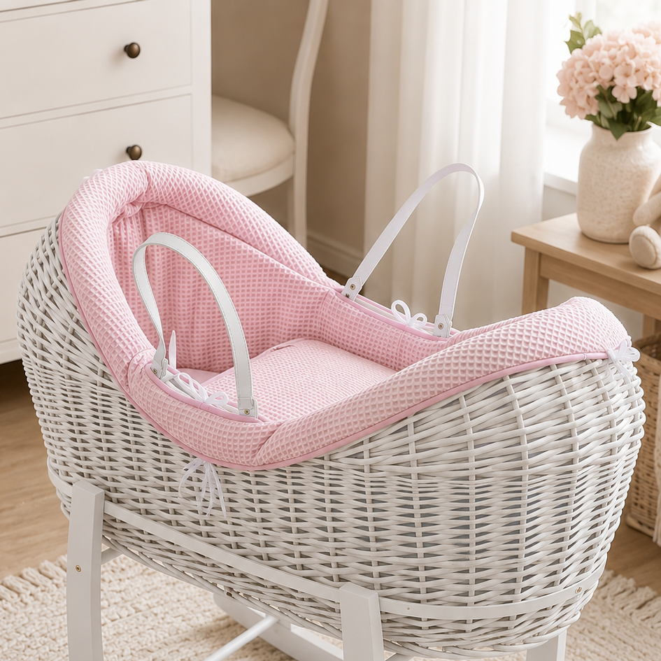 Wicker Pod Baby Deluxe Moses Basket-No stand included - White / Waffle / Pink - Pod Moses Basket
