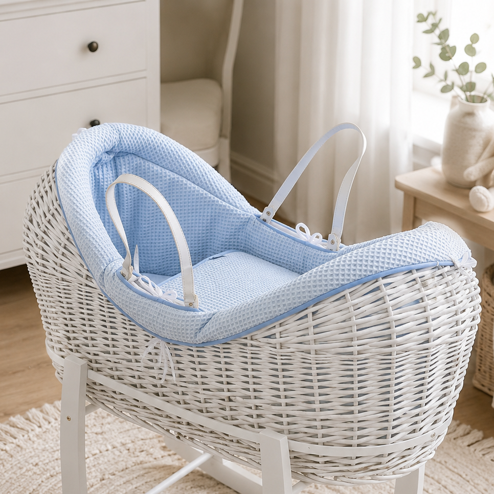 Wicker Pod Baby Deluxe Moses Basket-No stand included - White / Waffle / Blue - Pod Moses Basket