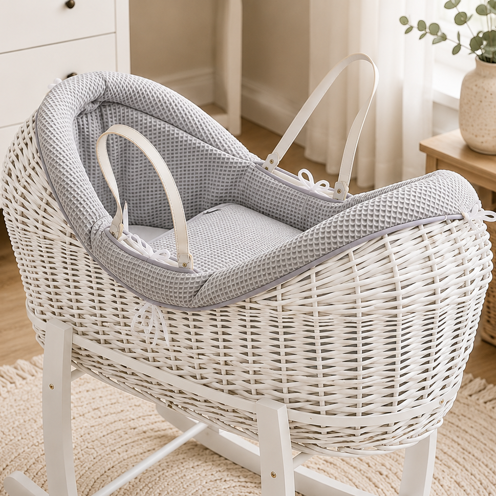 Wicker Pod Baby Deluxe Moses Basket-No stand included - White / Waffle / Grey - Pod Moses Basket