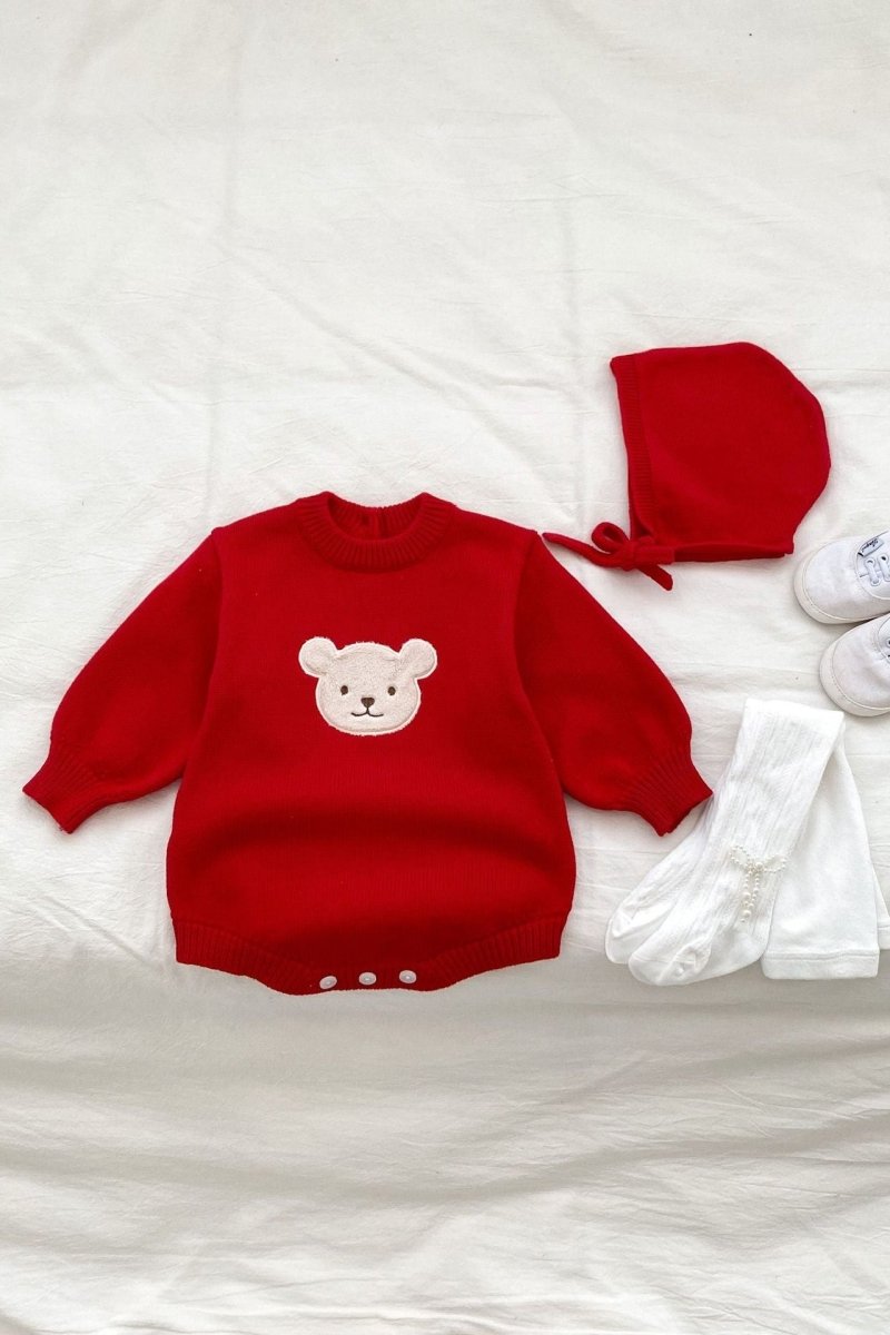 Winter Bear Knitted Bodysuit Red or Beige - Red / 0-6 M - Bodysuits