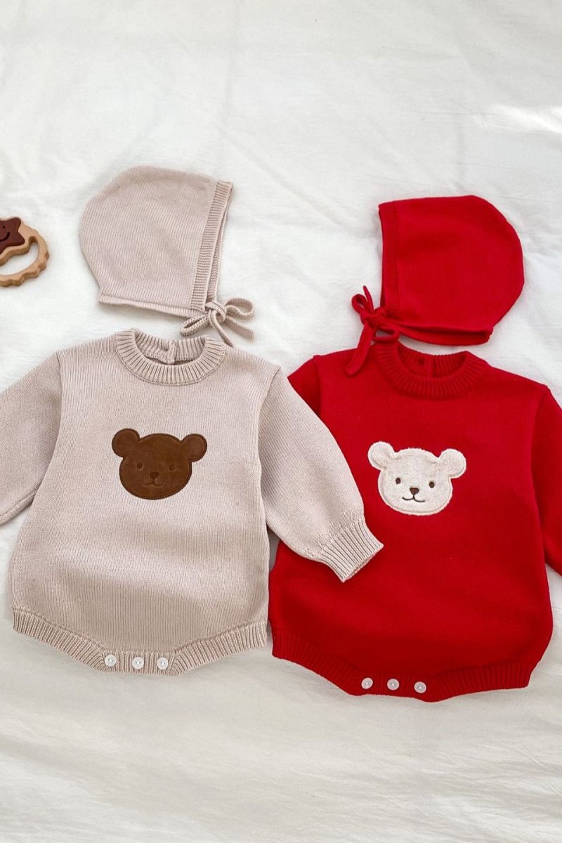 Winter Bear Knitted Bodysuit Red or Beige - Bodysuits