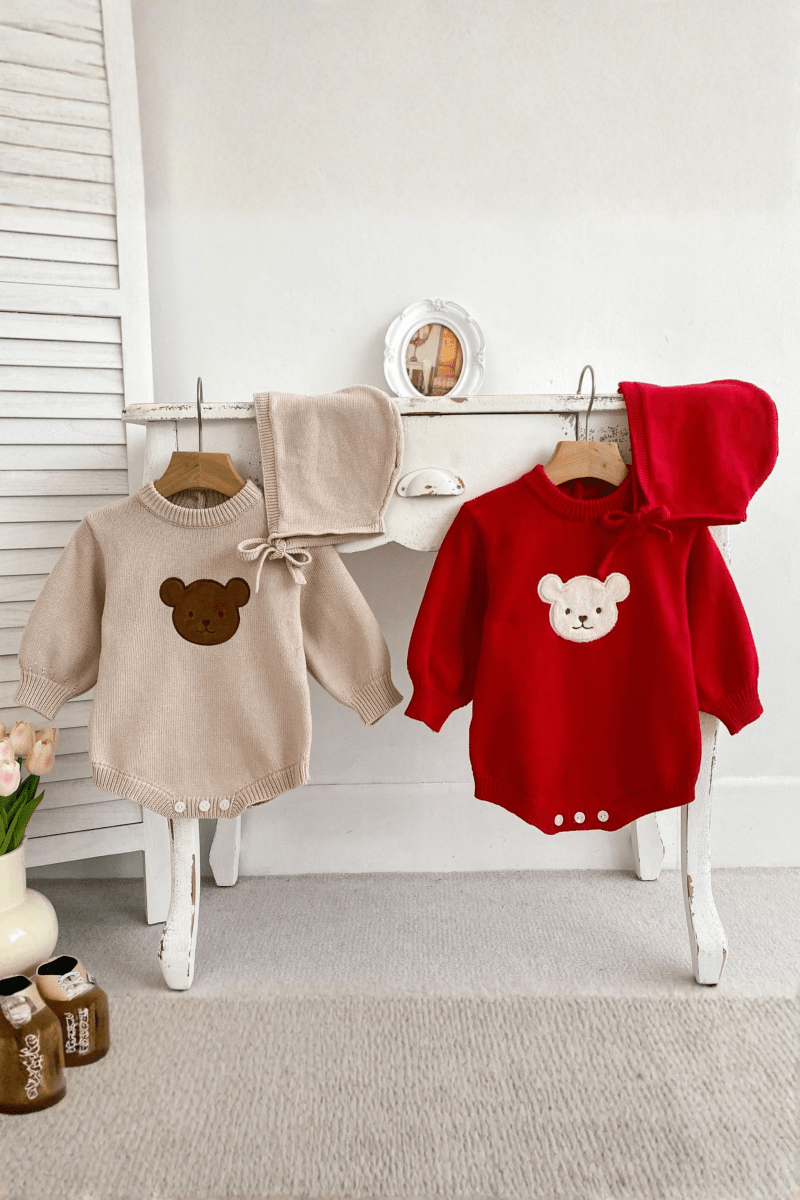 Winter Bear Knitted Bodysuit Red or Beige - Bodysuits