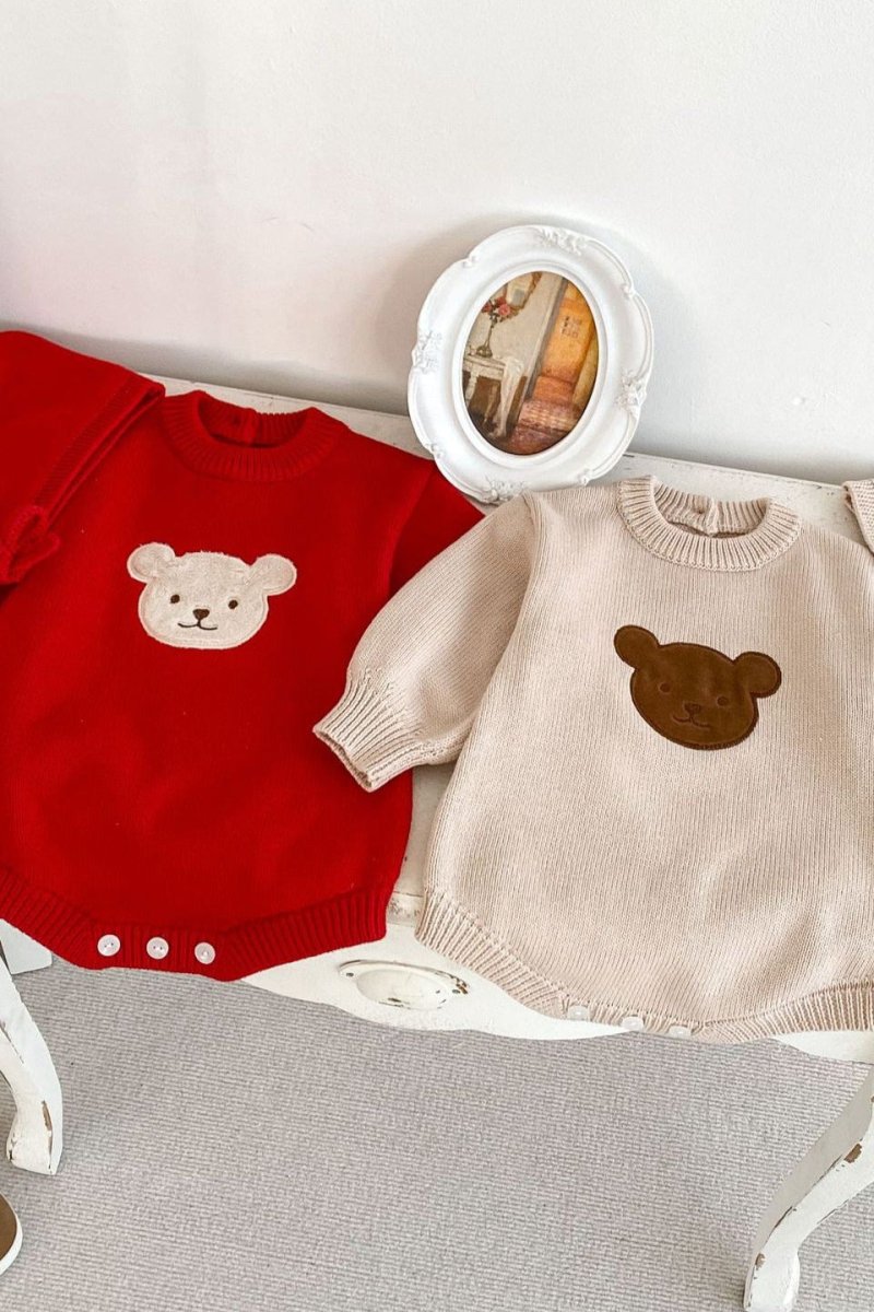 Winter Bear Knitted Bodysuit Red or Beige - Bodysuits