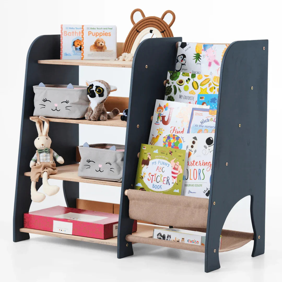 Wooden Montessori Shelves for Toddler 2in1: Bookshelf & Toy Shelving - Graphite - Shelf