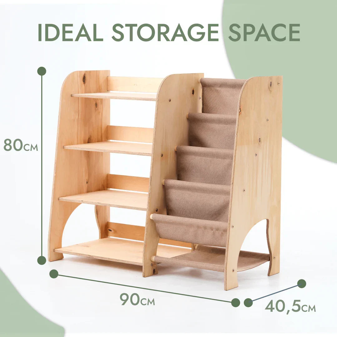 Wooden Montessori Shelves for Toddler 2in1: Bookshelf & Toy Shelving - Shelf