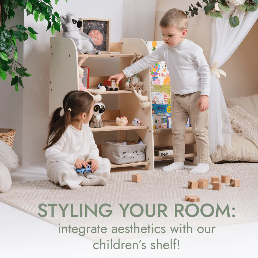 Wooden Montessori Shelves for Toddler 2in1: Bookshelf & Toy Shelving-4